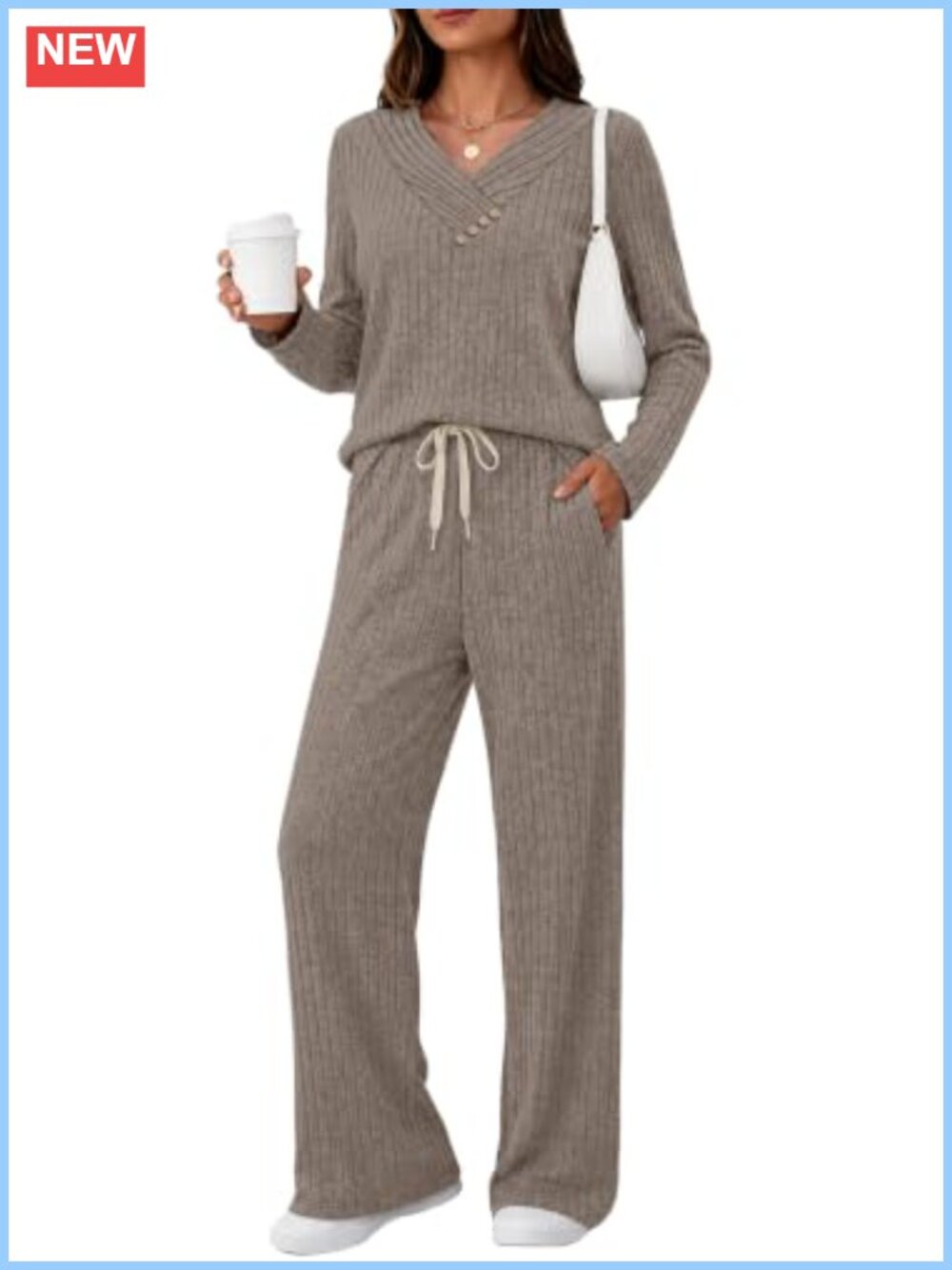 Ribbed Knit 2 Piece Lounge Set V-Neck Top & Drawstring Pants